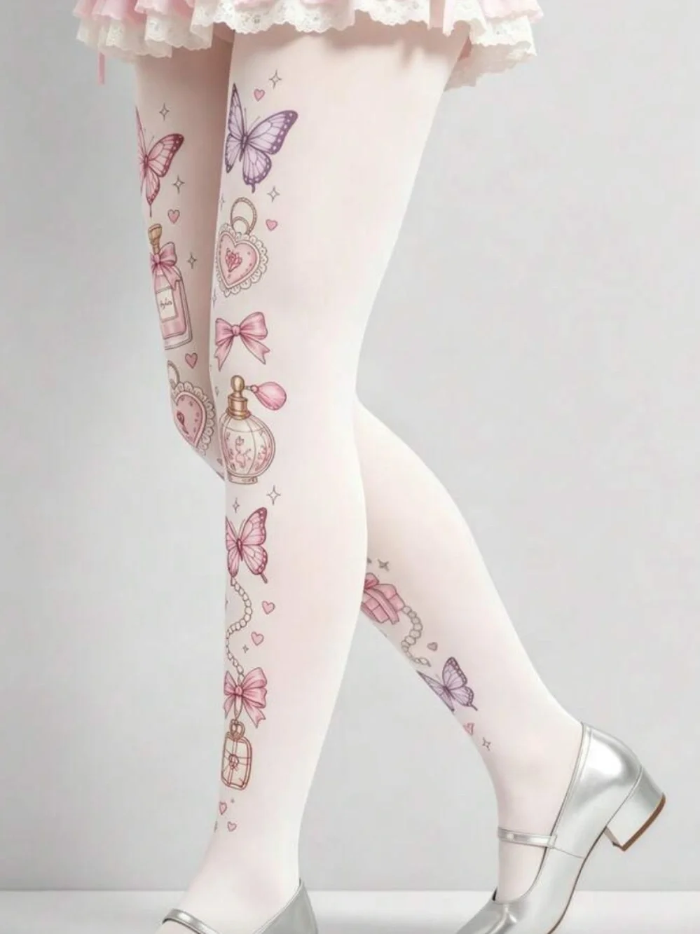 Cute White Floral & Butterfly Printed Tights for Women